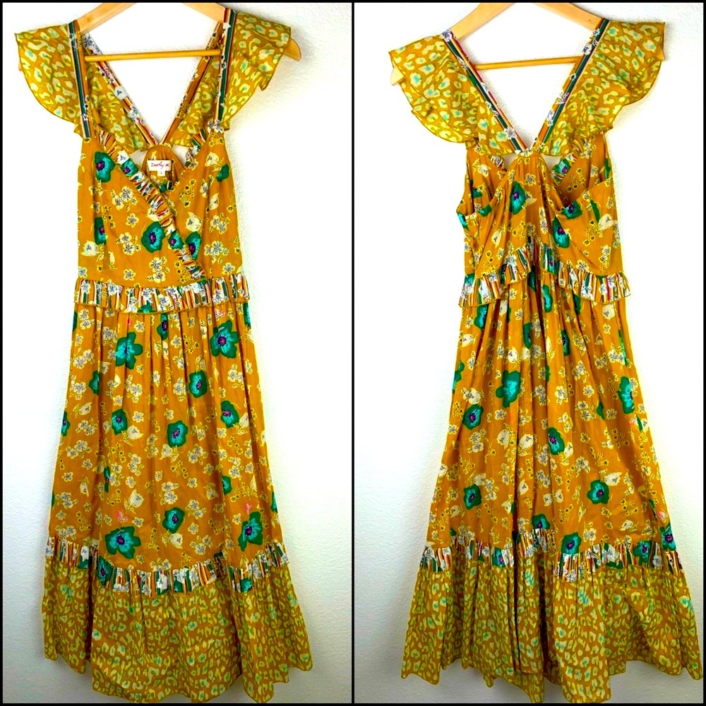 Anthro Derhy Mustard Gold Garden Floral Leopard Ruffle Midi Maxi Dress - Picture 5 of 10